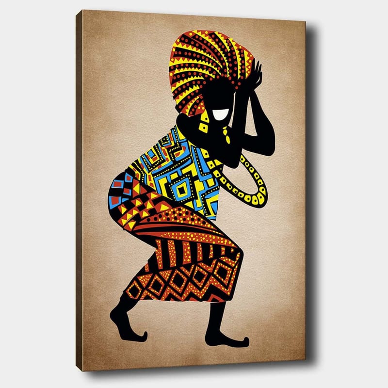 Canvastavla 70x100 cm - Stiliserad figur med färgglada mönster som dansar med en stor huvudprydnad - Svart / Röd / Blå - Inredning & dekor - Tavlor & konst - Canvastavla