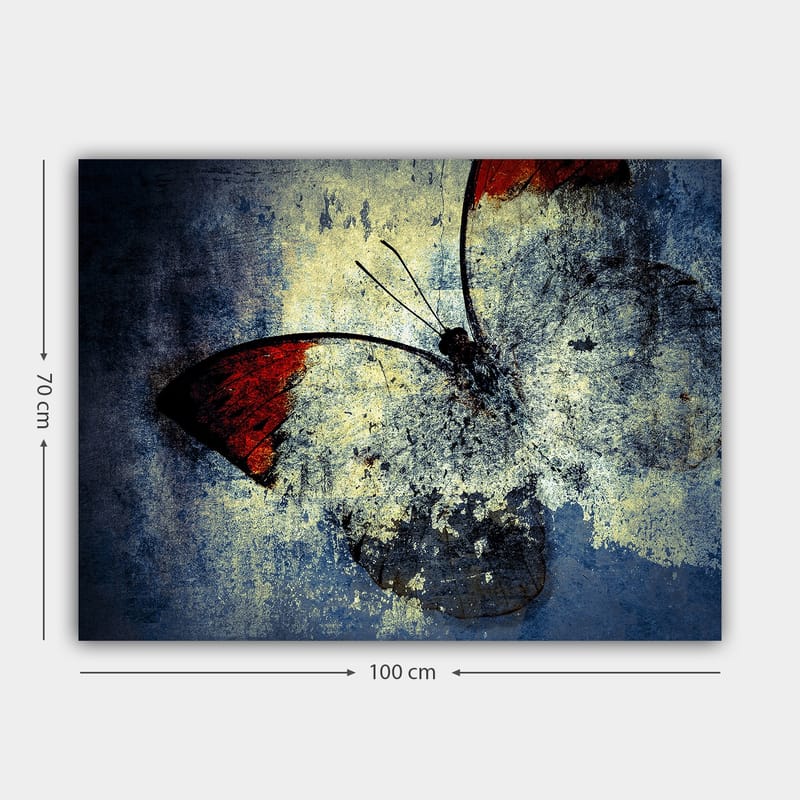 Canvastavla 70x100 cm - Stiliserad fjäril med röda vingar mot en grå och blå bakgrund - Röd / Grå / Blå - Inredning & dekor - Tavlor & konst - Canvastavla