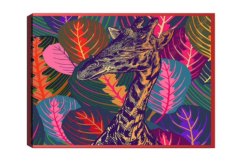 Canvastavla 70x100 cm - Stiliserad giraff omgiven av färgglada lövverk, Lila / Grön / Orange