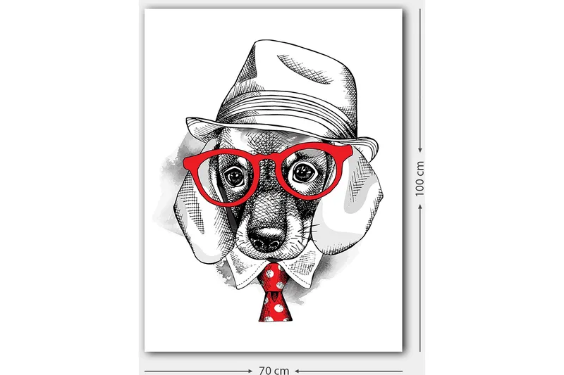 Canvastavla 70x100 cm - Stiliserad hund i klädd hatt och glasögon, med en röd slips som har vita prickar - Röd / Svart / Vit - Inredning & dekor - Tavlor & konst - Canvastavla