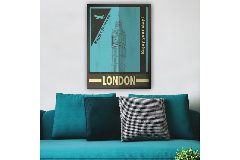 Canvastavla 70x100 cm - Stiliserad illustration av Big Ben med en retro reseinspirerad design - Turkos / Svart / Guld - Inredning & dekor - Tavlor & konst - Canvastavla