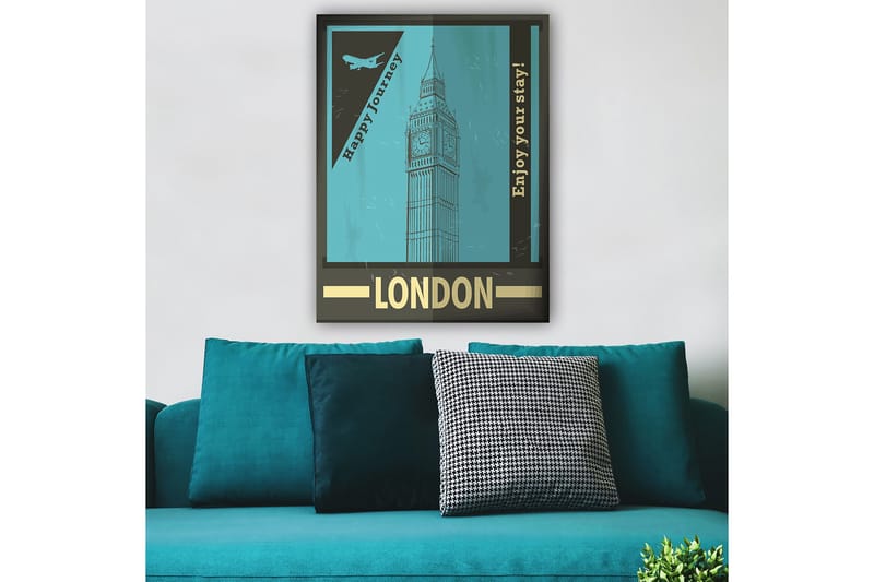 Canvastavla 70x100 cm - Stiliserad illustration av Big Ben med en retro reseinspirerad design - Turkos / Svart / Guld - Inredning & dekor - Tavlor & konst - Canvastavla