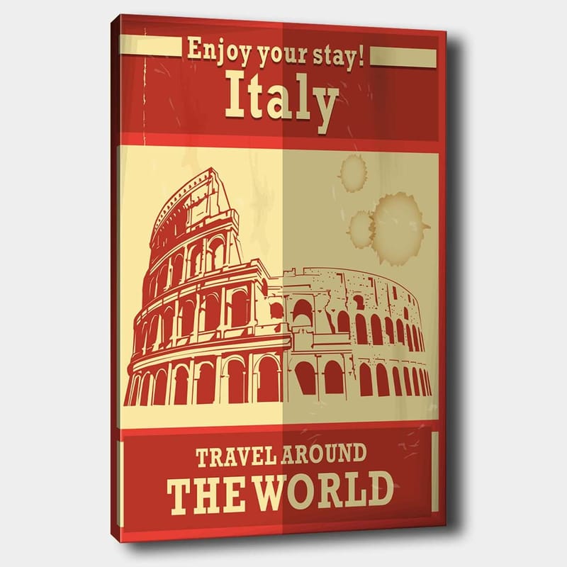 Canvastavla 70x100 cm - Stiliserad illustration av Colosseum i Rom med en röd och beige färgpalett, Röd / Beige