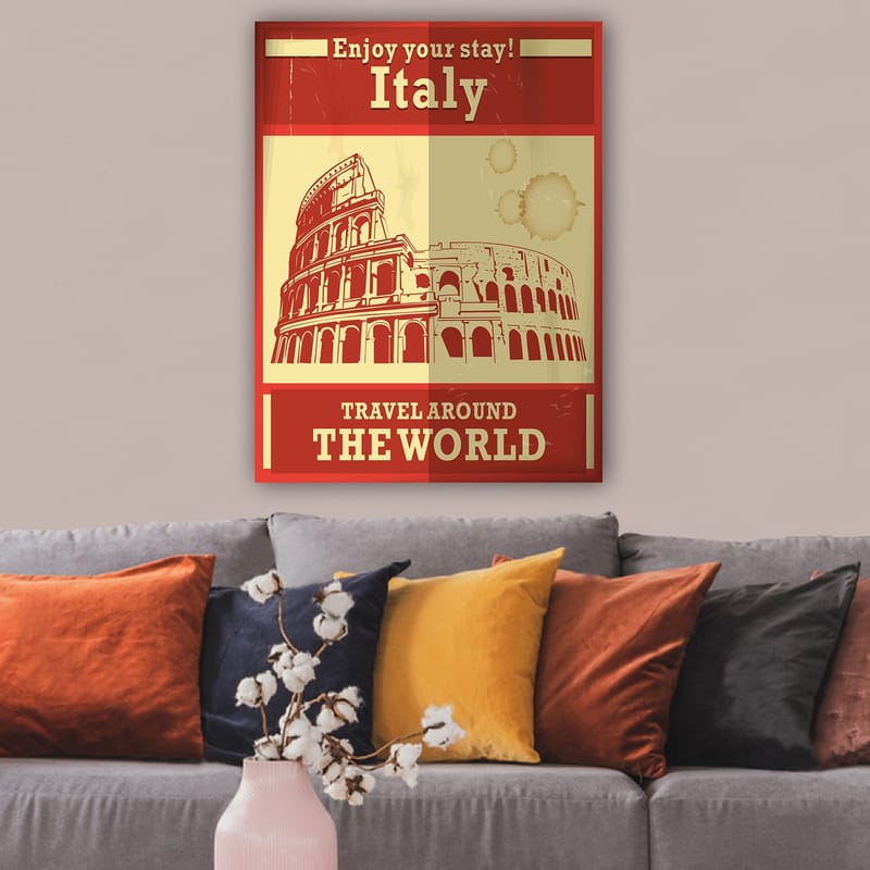 Canvastavla 70x100 cm - Stiliserad illustration av Colosseum i Rom med en röd och beige färgpalett - Röd / Beige - Inredning & dekor - Tavlor & konst - Canvastavla