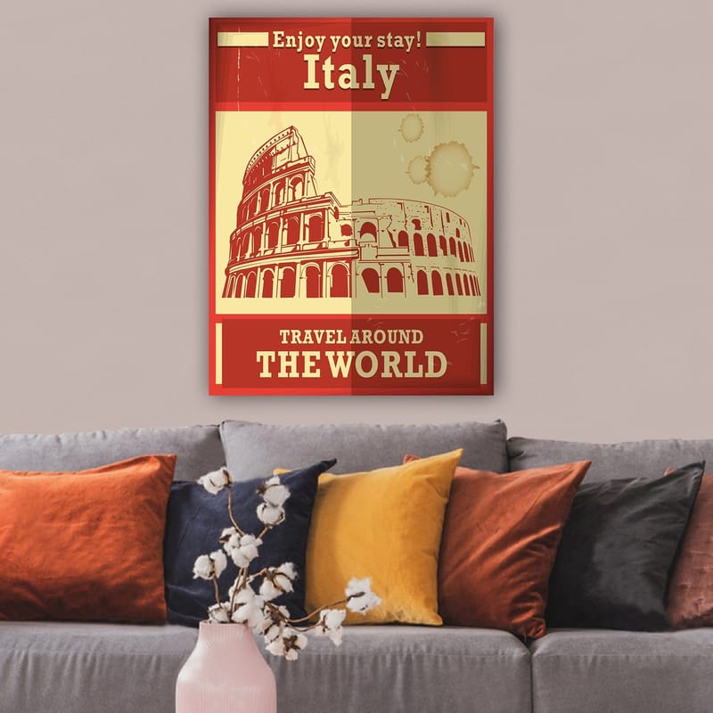 Canvastavla 70x100 cm - Stiliserad illustration av Colosseum i Rom med en röd och beige färgpalett - Röd / Beige - Inredning & dekor - Tavlor & konst - Canvastavla