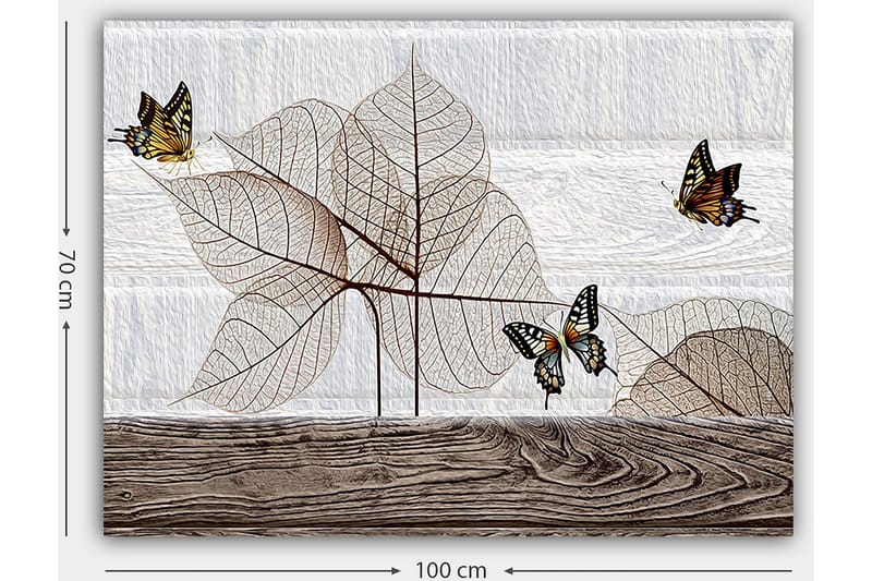 Canvastavla 70x100 cm - Stiliserad komposition av fjärilar som svävar över genomskinliga blad på en träyta - Beige / Brun / Svart - Inredning & dekor - Tavlor & konst - Canvastavla