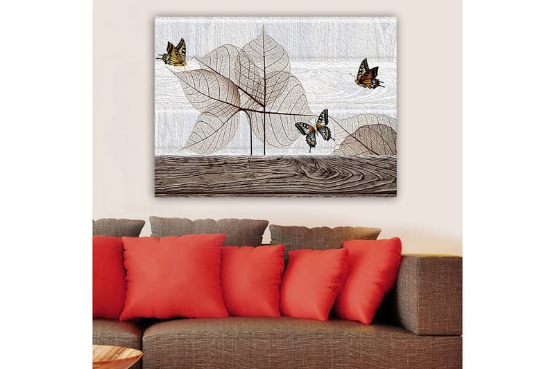 Canvastavla 70x100 cm - Stiliserad komposition av fjärilar som svävar över genomskinliga blad på en träyta - Beige / Brun / Svart - Inredning & dekor - Tavlor & konst - Canvastavla