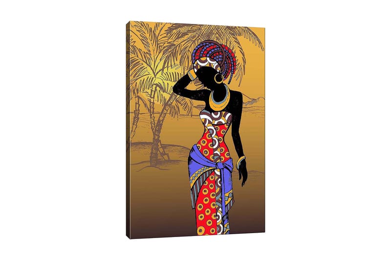 Canvastavla 70x100 cm - Stiliserad kvinna i färgglad klädsel som poserar med en hand vid ansiktet - Röd / Blå / Svart - Inredning & dekor - Tavlor & konst - Canvastavla