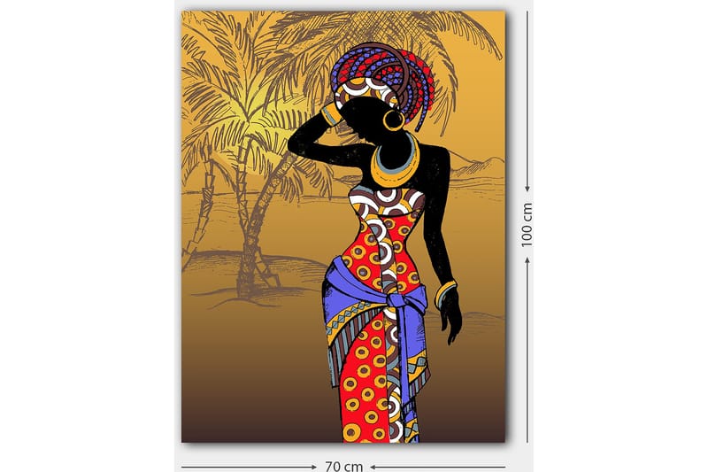 Canvastavla 70x100 cm - Stiliserad kvinna i färgglad klädsel som poserar med en hand vid ansiktet - Röd / Blå / Svart - Inredning & dekor - Tavlor & konst - Canvastavla