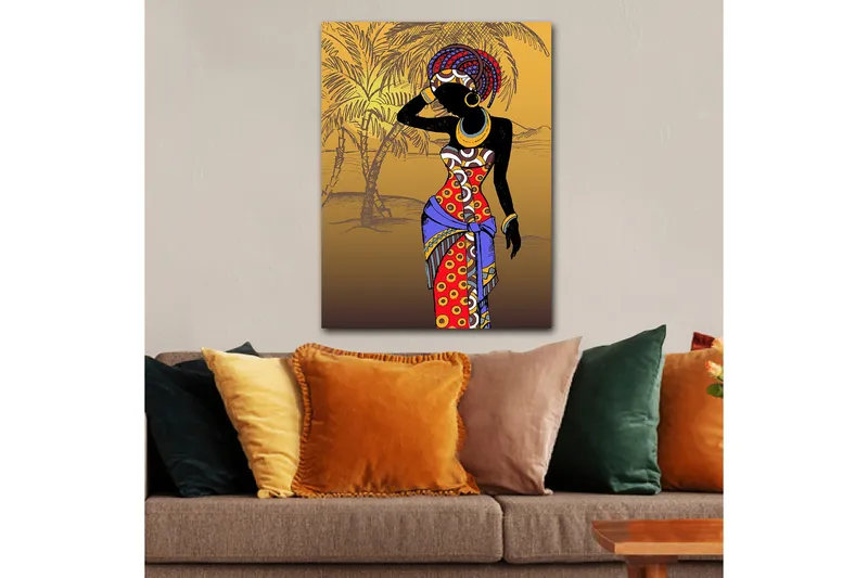 Canvastavla 70x100 cm - Stiliserad kvinna i färgglad klädsel som poserar med en hand vid ansiktet - Röd / Blå / Svart - Inredning & dekor - Tavlor & konst - Canvastavla