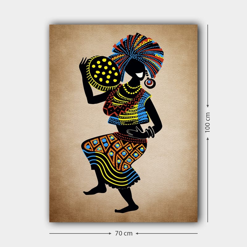 Canvastavla 70x100 cm - Stiliserad kvinna i traditionell klädsel som bär en stor huvudbonad och en skål med prickar - Svart / Blå / Orange - Inredning & dekor - Tavlor & konst - Canvastavla