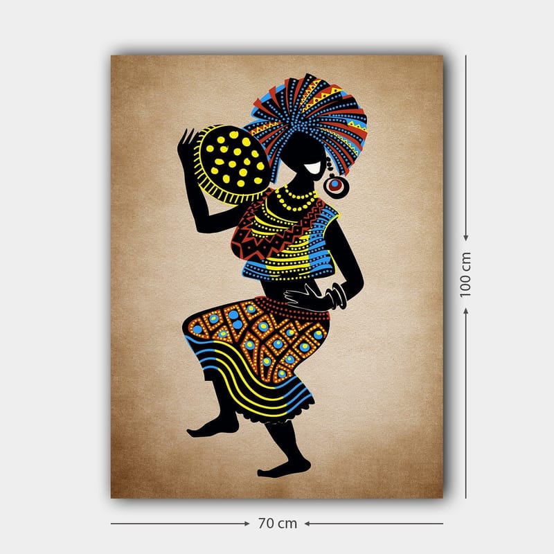 Canvastavla 70x100 cm - Stiliserad kvinna i traditionell klädsel som bär en stor huvudbonad och en skål med prickar - Svart / Blå / Orange - Inredning & dekor - Tavlor & konst - Canvastavla
