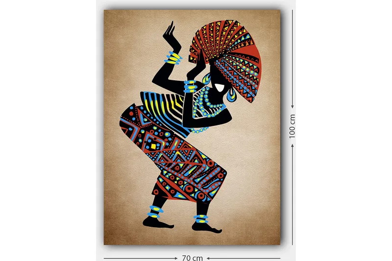 Canvastavla 70x100 cm - Stiliserad kvinna i traditionella kläder som dansar med en stor hatt - Röd / Blå / Svart - Inredning & dekor - Tavlor & konst - Canvastavla