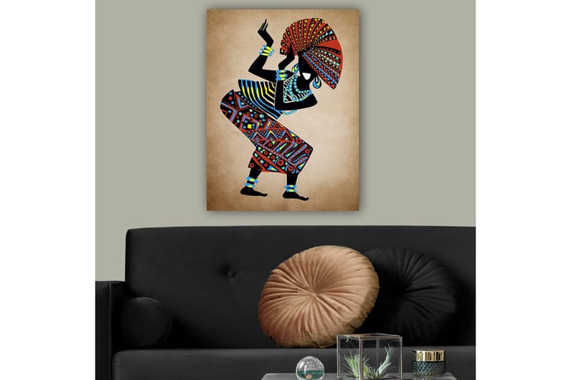 Canvastavla 70x100 cm - Stiliserad kvinna i traditionella kläder som dansar med en stor hatt - Röd / Blå / Svart - Inredning & dekor - Tavlor & konst - Canvastavla