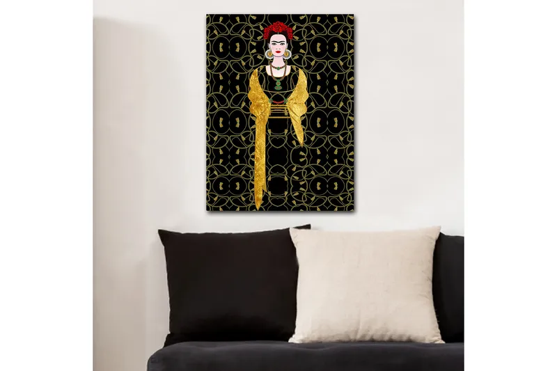 Canvastavla 70x100 cm - Stiliserad kvinna klädd i svart och guld med röd blomma i håret, Svart / Guld / Röd