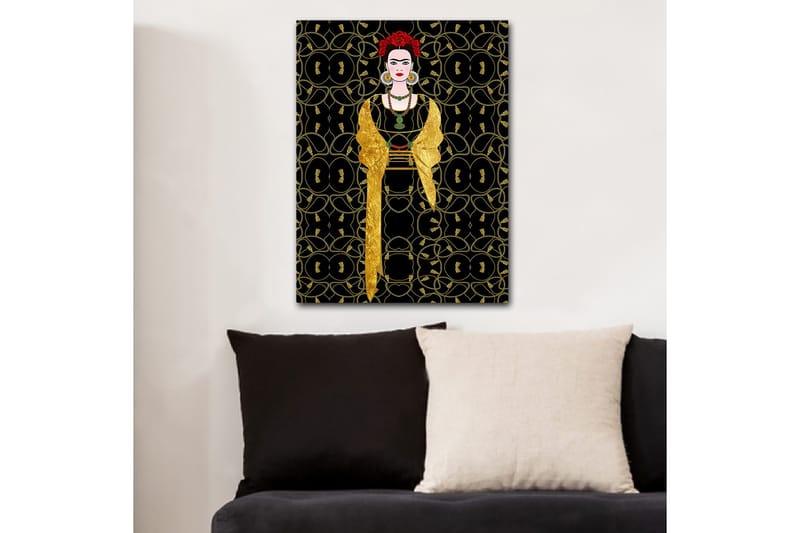 Canvastavla 70x100 cm - Stiliserad kvinna klädd i svart och guld med röd blomma i håret, Svart / Guld / Röd
