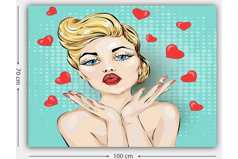 Canvastavla 70x100 cm - Stiliserad kvinna med blont hår och röda läppar som ger en kyss med hjärtan runt omkring sig - Ljusblå / Röd / Beige - Inredning & dekor - Tavlor & konst - Canvastavla