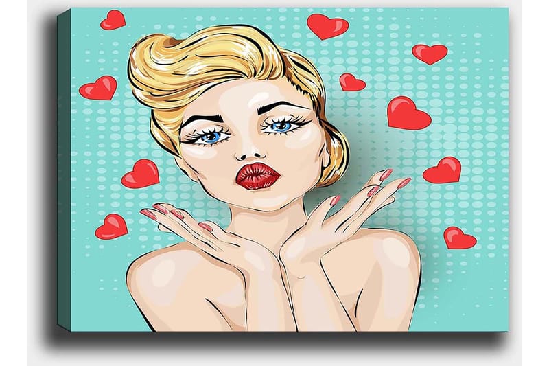 Canvastavla 70x100 cm - Stiliserad kvinna med blont hår och röda läppar som ger en kyss med hjärtan runt omkring sig - Ljusblå / Röd / Beige - Inredning & dekor - Tavlor & konst - Canvastavla
