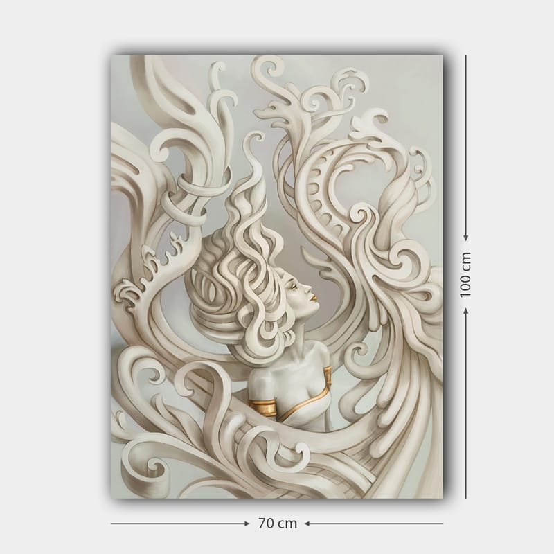 Canvastavla 70x100 cm - Stiliserad kvinna med böljande hår omgiven av dekorativa svängningar och former - Ljusgrå / Beige / Vit - Inredning & dekor - Tavlor & konst - Canvastavla