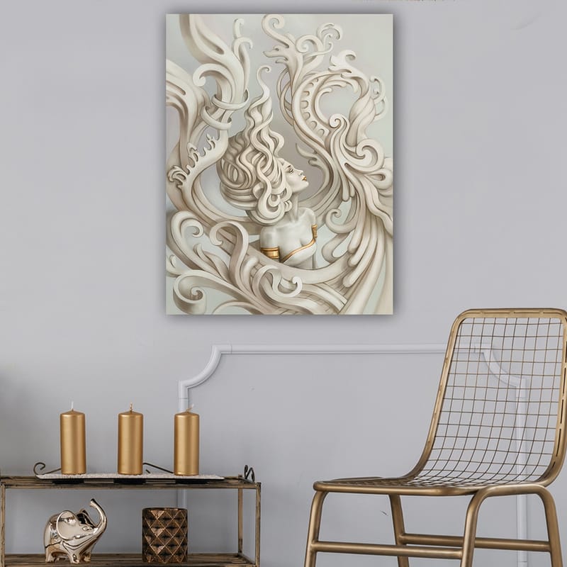 Canvastavla 70x100 cm - Stiliserad kvinna med böljande hår omgiven av dekorativa svängningar och former - Ljusgrå / Beige / Vit - Inredning & dekor - Tavlor & konst - Canvastavla