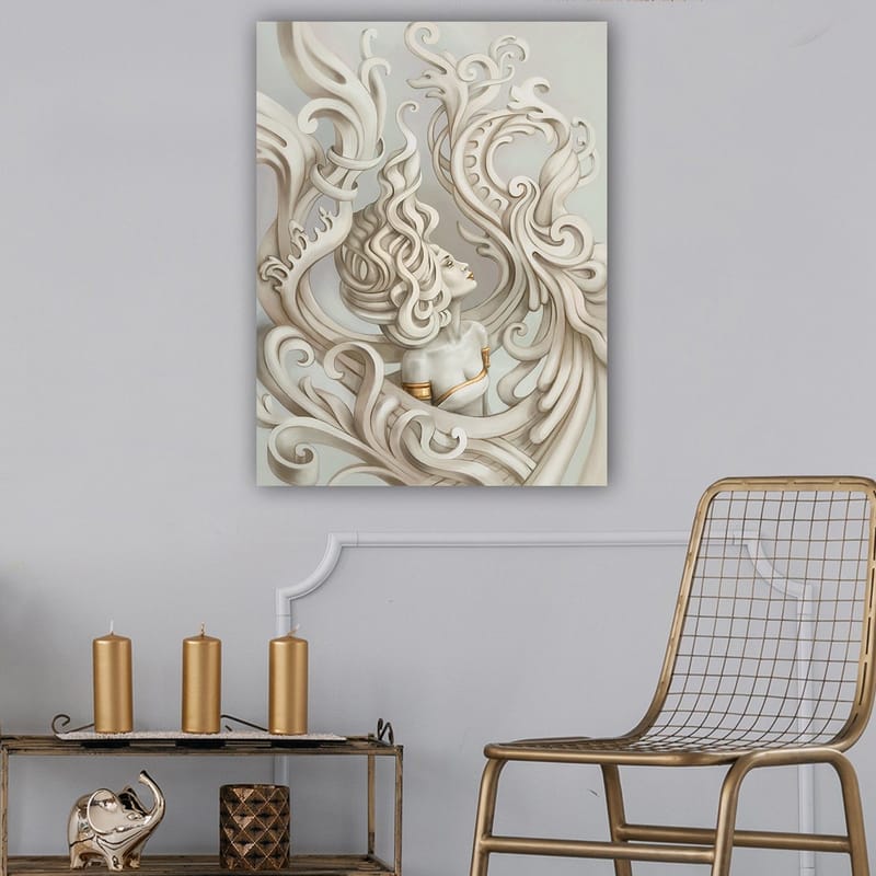 Canvastavla 70x100 cm - Stiliserad kvinna med böljande hår omgiven av dekorativa svängningar och former - Ljusgrå / Beige / Vit - Inredning & dekor - Tavlor & konst - Canvastavla