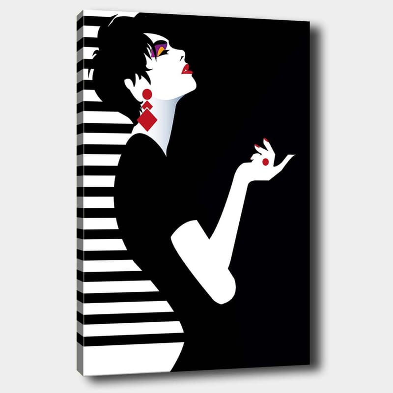 Canvastavla 70x100 cm - Stiliserad kvinna med en elegant hållning och dramatiska smycken, Svart / Vit / Röd