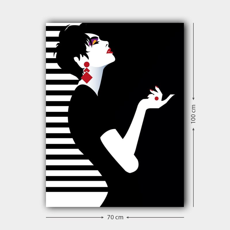 Canvastavla 70x100 cm - Stiliserad kvinna med en elegant hållning och dramatiska smycken - Svart / Vit / Röd - Inredning & dekor - Tavlor & konst - Canvastavla