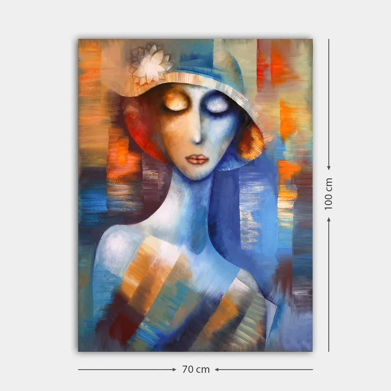 Canvastavla 70x100 cm - Stiliserad kvinna med en hatt som utstrålar en drömlik och känslosam atmosfär - Blå / Orange / Vit - Inredning & dekor - Tavlor & konst - Canvastavla