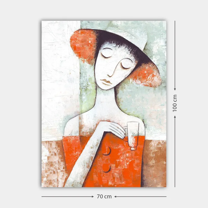 Canvastavla 70x100 cm - Stiliserad kvinna med en röd klänning och hatt, som håller ett glas - Röd / Vit / Grön - Inredning & dekor - Tavlor & konst - Canvastavla