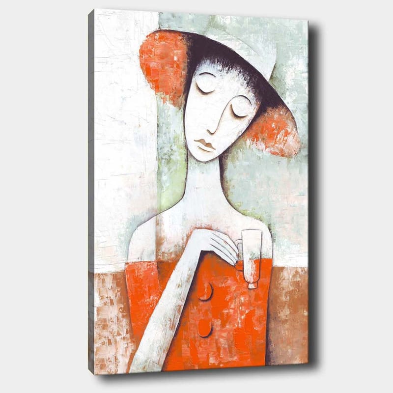 Canvastavla 70x100 cm - Stiliserad kvinna med en röd klänning och hatt, som håller ett glas, Röd / Vit / Grön