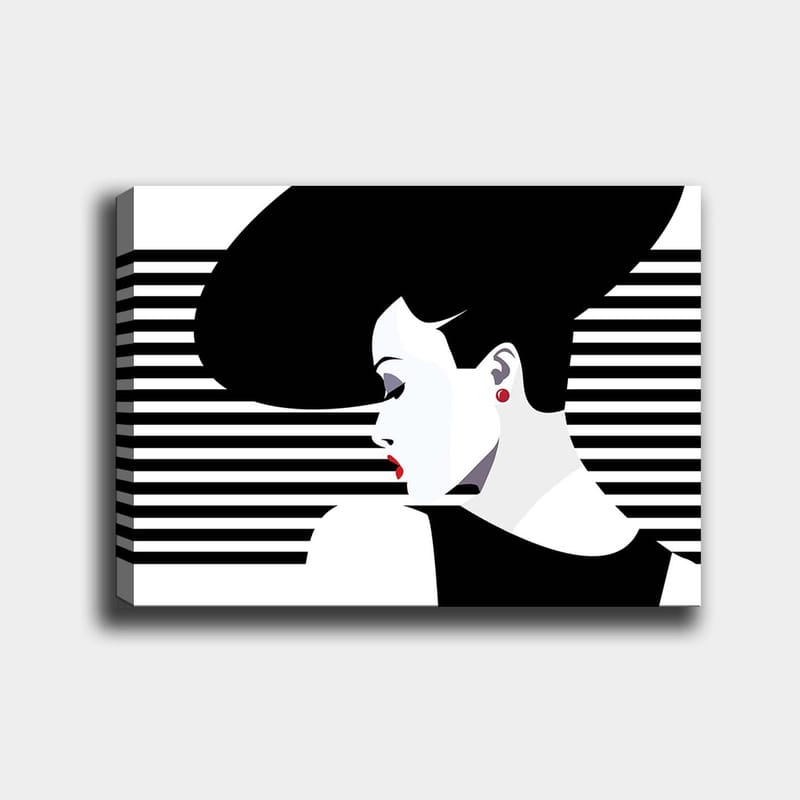 Canvastavla 70x100 cm - Stiliserad kvinna med en stor frisyr i profil, omgiven av svarta och vita ränder, Svart / Vit / Röd