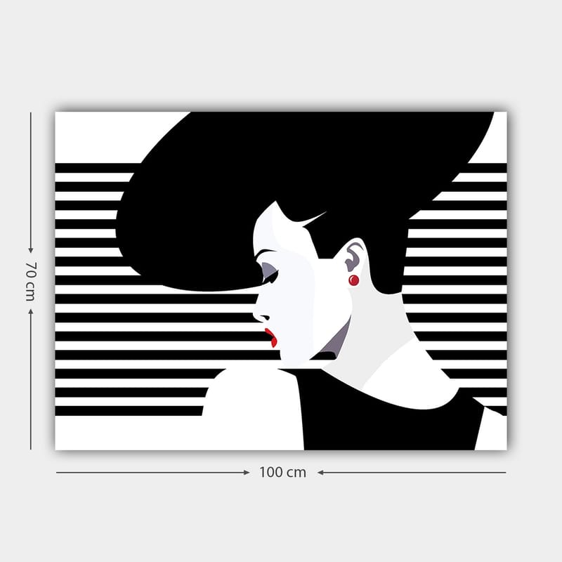 Canvastavla 70x100 cm - Stiliserad kvinna med en stor frisyr i profil, omgiven av svarta och vita ränder - Svart / Vit / Röd - Inredning & dekor - Tavlor & konst - Canvastavla