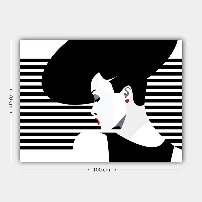 Canvastavla 70x100 cm - Stiliserad kvinna med en stor frisyr i profil, omgiven av svarta och vita ränder - Svart / Vit / Röd - Inredning & dekor - Tavlor & konst - Canvastavla