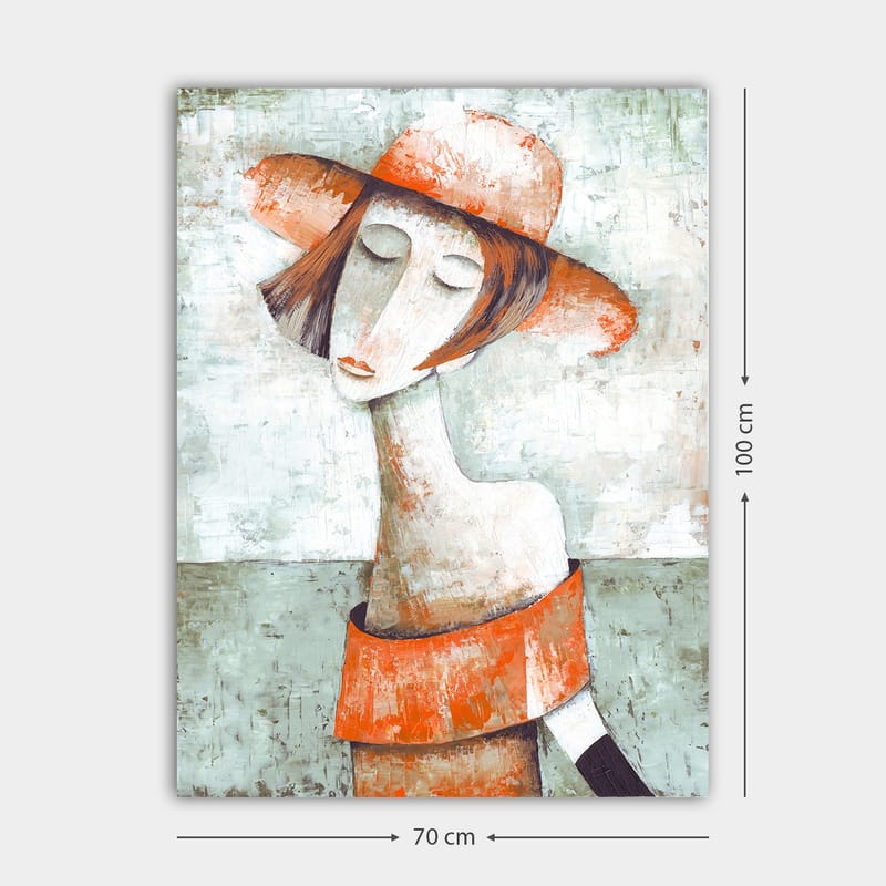 Canvastavla 70x100 cm - Stiliserad kvinna med en stor hatt och en orange tröja som ger en känsla av lugn och eftertänksamhet - Orange / Grå / Vit - Inredning & dekor - Tavlor & konst - Canvastavla