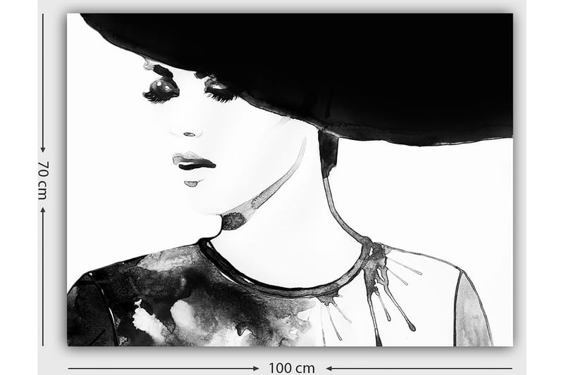Canvastavla 70x100 cm - Stiliserad kvinna med en stor hatt och ett uttrycksfullt ansikte - Svart / Vit / Grå - Inredning & dekor - Tavlor & konst - Canvastavla