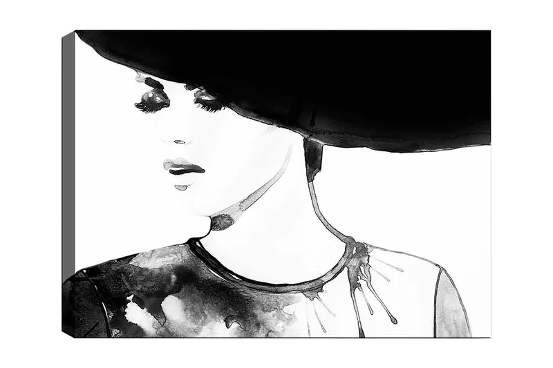 Canvastavla 70x100 cm - Stiliserad kvinna med en stor hatt och ett uttrycksfullt ansikte, Svart / Vit / Grå