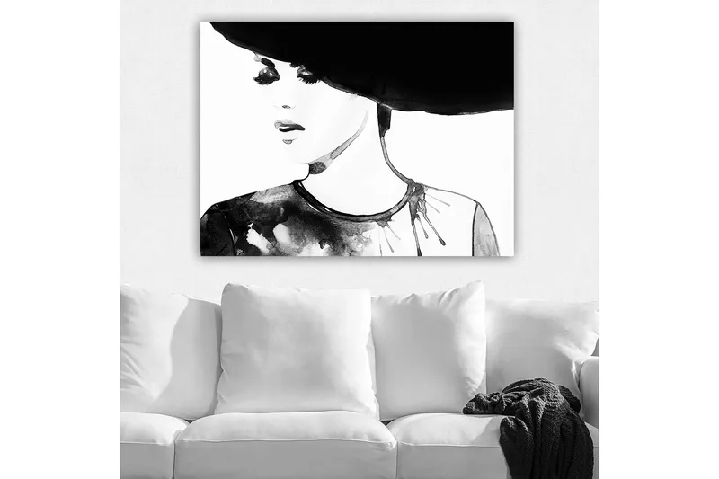 Canvastavla 70x100 cm - Stiliserad kvinna med en stor hatt och ett uttrycksfullt ansikte - Svart / Vit / Grå - Inredning & dekor - Tavlor & konst - Canvastavla