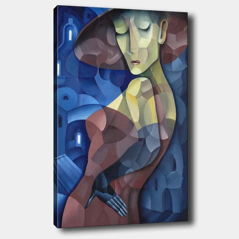 Canvastavla 70x100 cm - Stiliserad kvinna med en stor hatt som framhäver hennes eleganta silhuett, Mörkblå / Röd / Grön