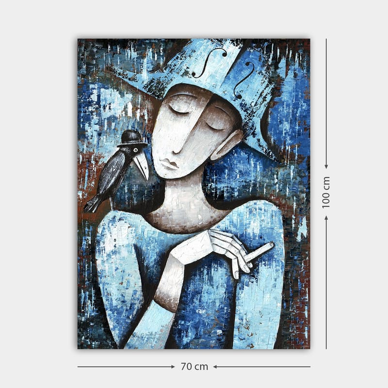 Canvastavla 70x100 cm - Stiliserad kvinna med en svart fågel på axeln, klädd i blått och vitt - Blå / Vit / Svart - Inredning & dekor - Tavlor & konst - Canvastavla