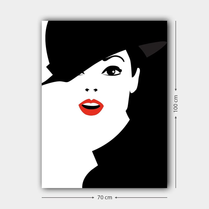 Canvastavla 70x100 cm - Stiliserad kvinna med en svart hatt och röda läppar - Svart / Vitt / Röd - Inredning & dekor - Tavlor & konst - Canvastavla