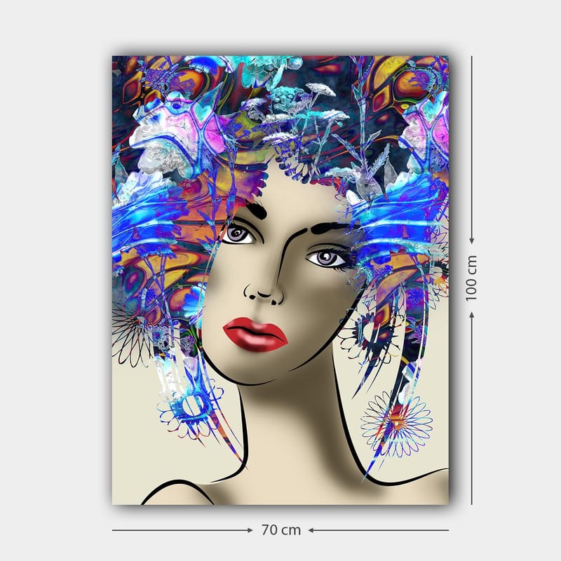 Canvastavla 70x100 cm - Stiliserad kvinna med färgglad blomsterkrans i håret - Blå / Röd / Lila - Inredning & dekor - Tavlor & konst - Canvastavla