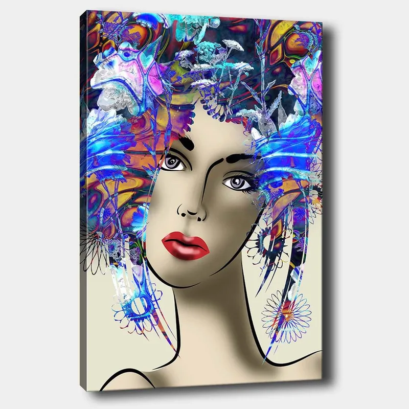 Canvastavla 70x100 cm - Stiliserad kvinna med färgglad blomsterkrans i håret - Blå / Röd / Lila - Inredning & dekor - Tavlor & konst - Canvastavla