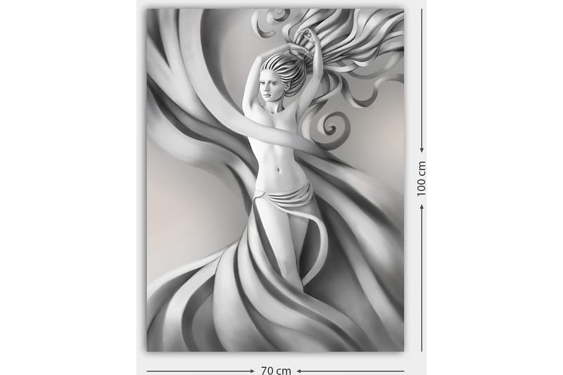 Canvastavla 70x100 cm - Stiliserad kvinna med flödande hår och kläder i gråskala, som uttrycker rörelse och elegans - Grå / Svart / Vit - Inredning & dekor - Tavlor & konst - Canvastavla