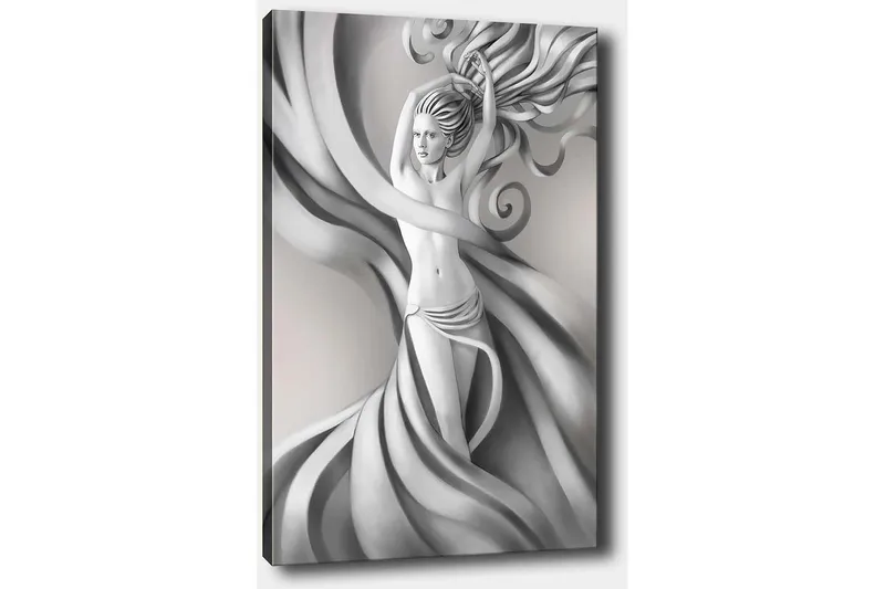 Canvastavla 70x100 cm - Stiliserad kvinna med flödande hår och kläder i gråskala, som uttrycker rörelse och elegans - Grå / Svart / Vit - Inredning & dekor - Tavlor & konst - Canvastavla