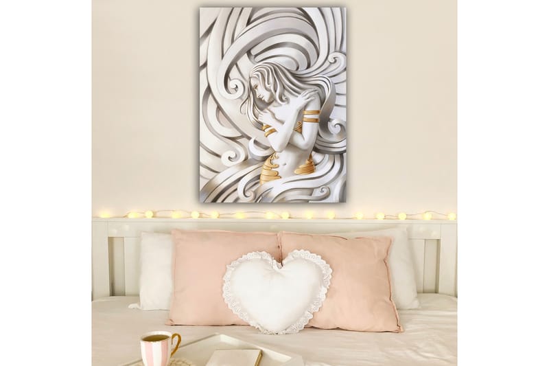 Canvastavla 70x100 cm - Stiliserad kvinna med flödande hår som omfamnar sig själv i en abstrakt komposition - Vit / Guld / Grå - Inredning & dekor - Tavlor & konst - Canvastavla