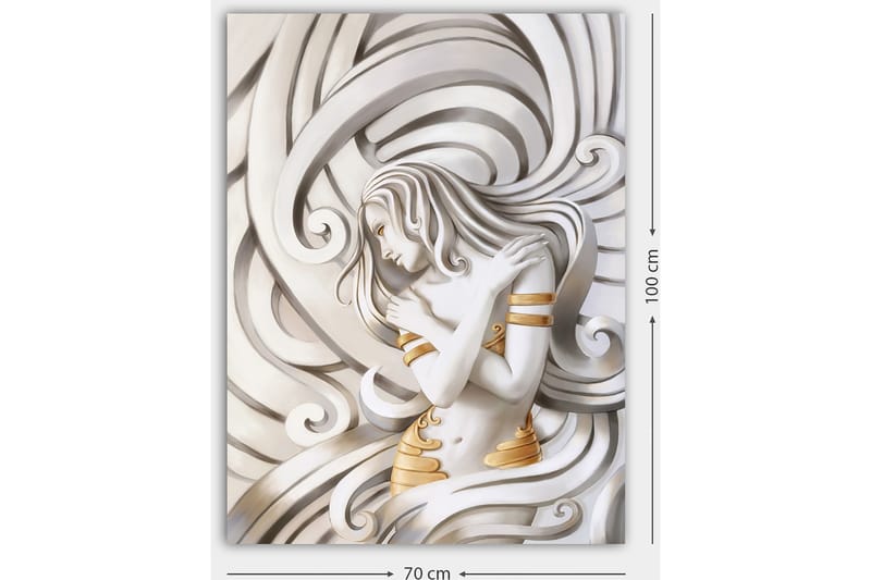 Canvastavla 70x100 cm - Stiliserad kvinna med flödande hår som omfamnar sig själv i en abstrakt komposition - Vit / Guld / Grå - Inredning & dekor - Tavlor & konst - Canvastavla