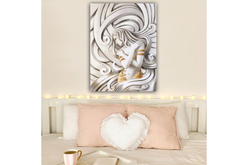 Canvastavla 70x100 cm - Stiliserad kvinna med flödande hår som omfamnar sig själv i en abstrakt komposition - Vit / Guld / Grå - Inredning & dekor - Tavlor & konst - Canvastavla