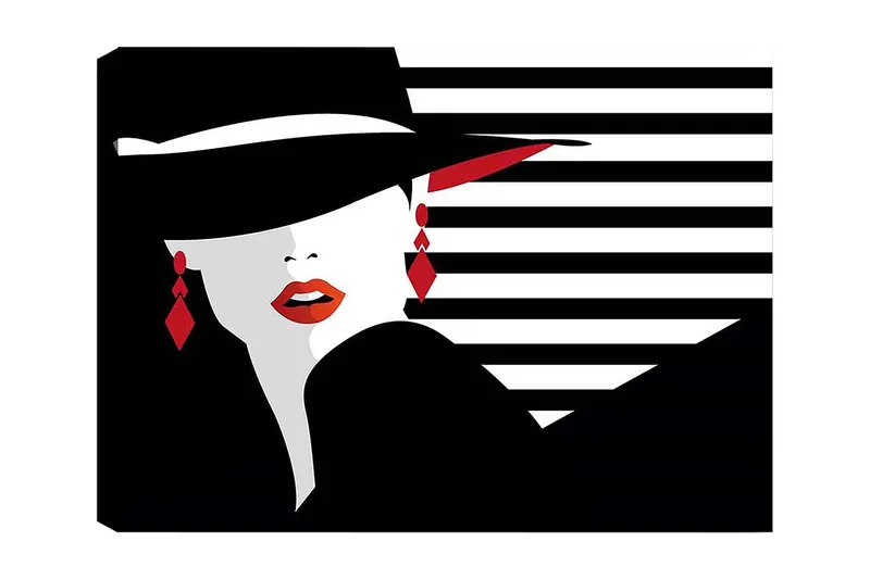 Canvastavla 70x100 cm - Stiliserad kvinna med hatt och röda detaljer som framhäver hennes ansikte och smycken, Svart / Vitt / Röd