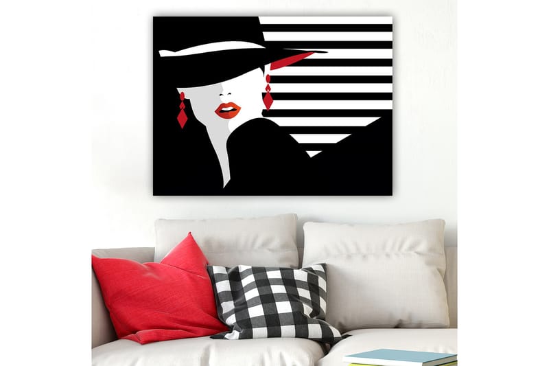 Canvastavla 70x100 cm - Stiliserad kvinna med hatt och röda detaljer som framhäver hennes ansikte och smycken - Svart / Vitt / Röd - Inredning & dekor - Tavlor & konst - Canvastavla
