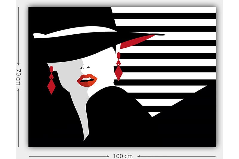 Canvastavla 70x100 cm - Stiliserad kvinna med hatt och röda detaljer som framhäver hennes ansikte och smycken - Svart / Vitt / Röd - Inredning & dekor - Tavlor & konst - Canvastavla